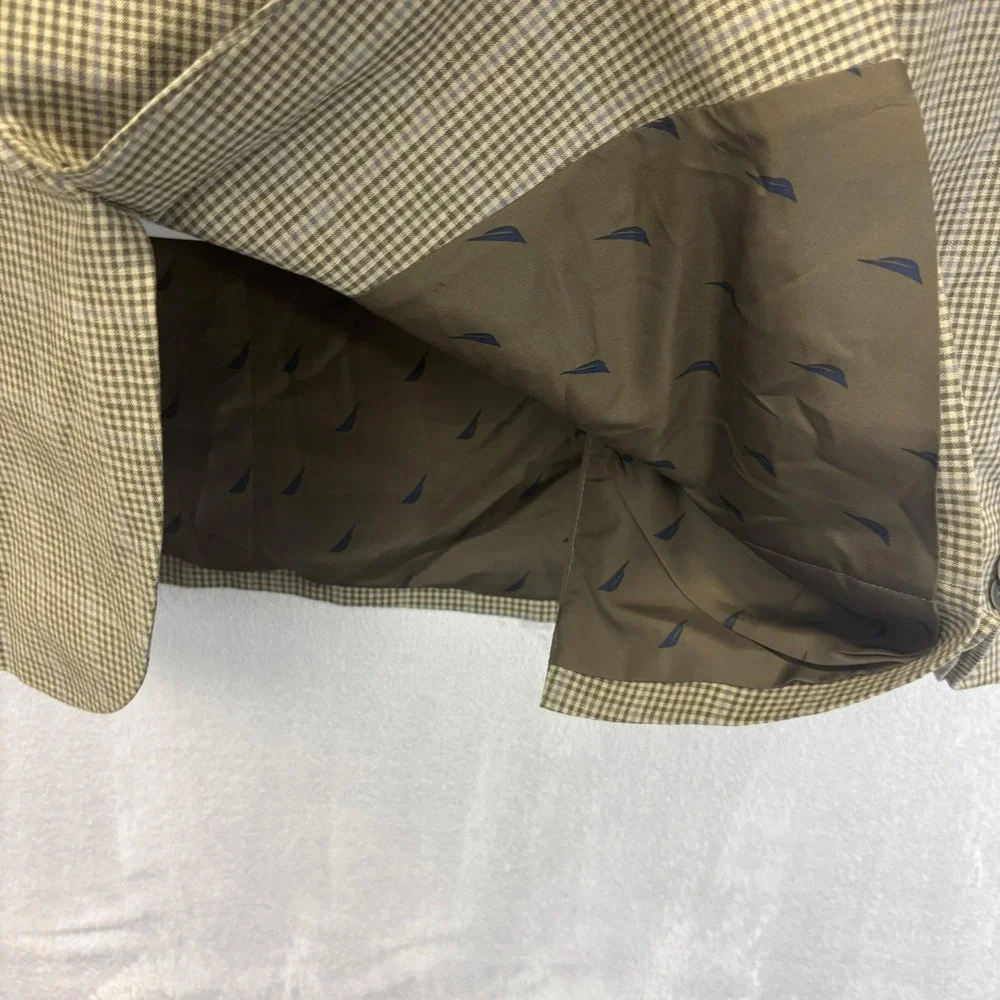 Nautica Linen Cotton Sport Coat Blazer Mens 44R Modern Fit Olive Green Check